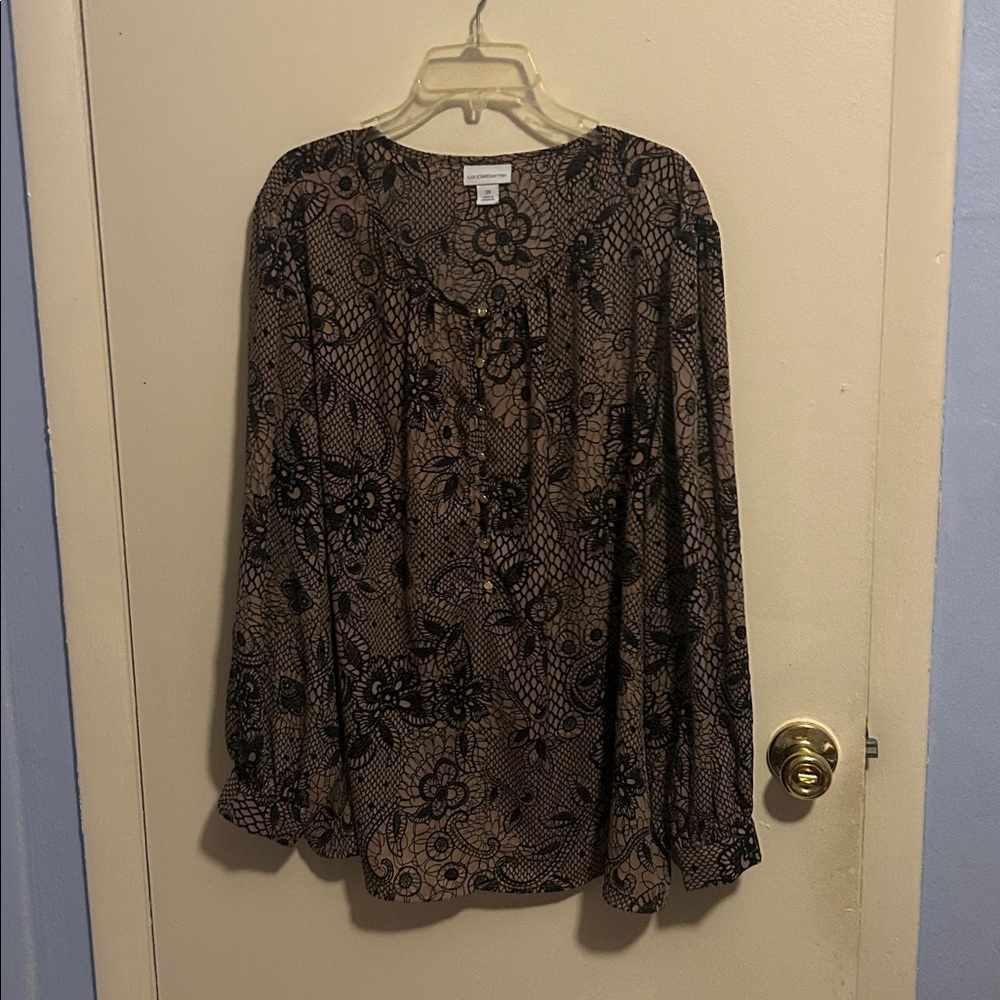 Liz Claiborne 2X Brown and Black Floral Long Sleeve Button up Blouse